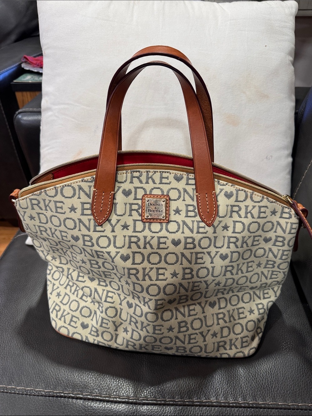Dooney & Bourke Beige Logo Canvas Tote with Brown Leather Handles